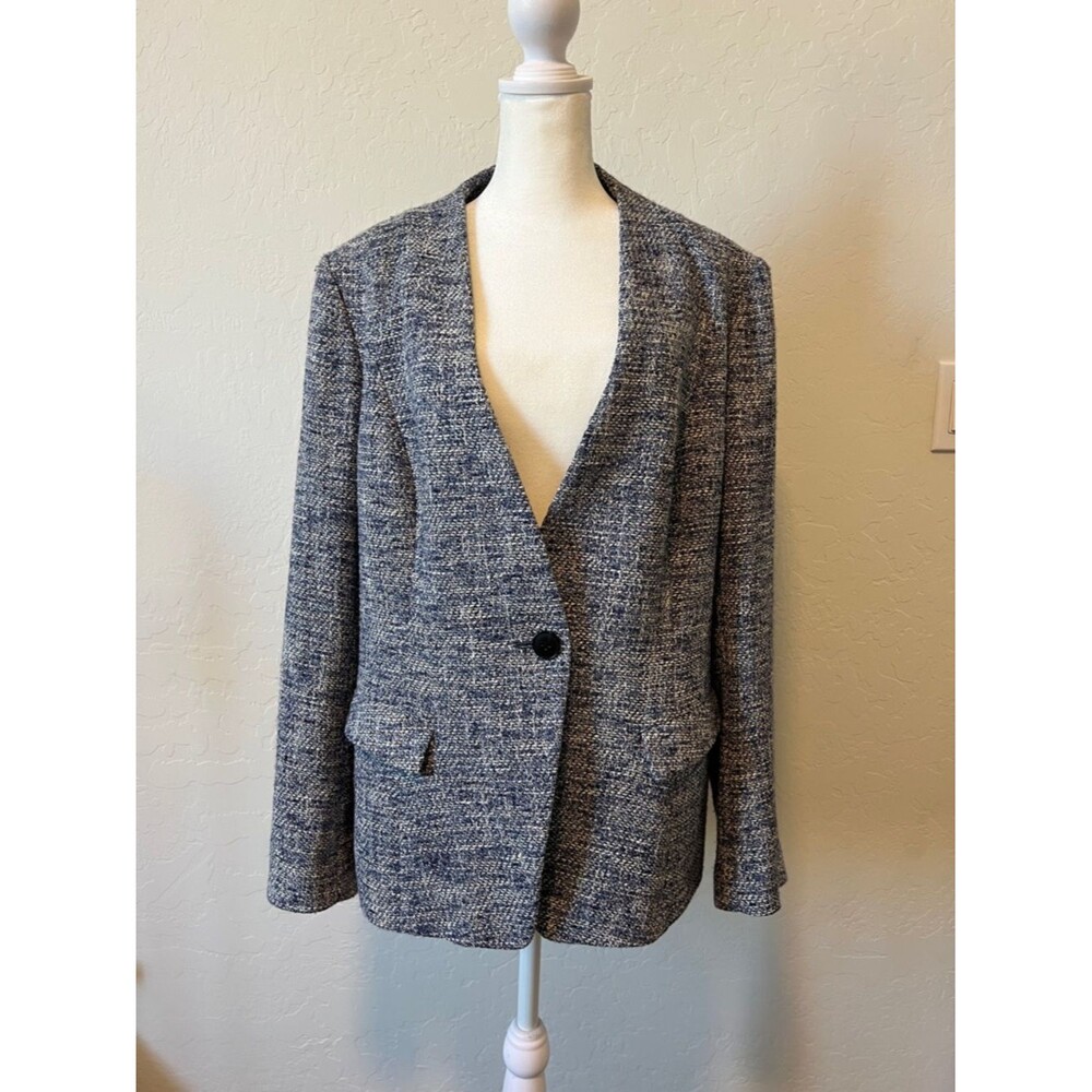 Lafayette 148 New York Blue White Melange Woven Cotton Tweed Blazer Jacket Sz 16